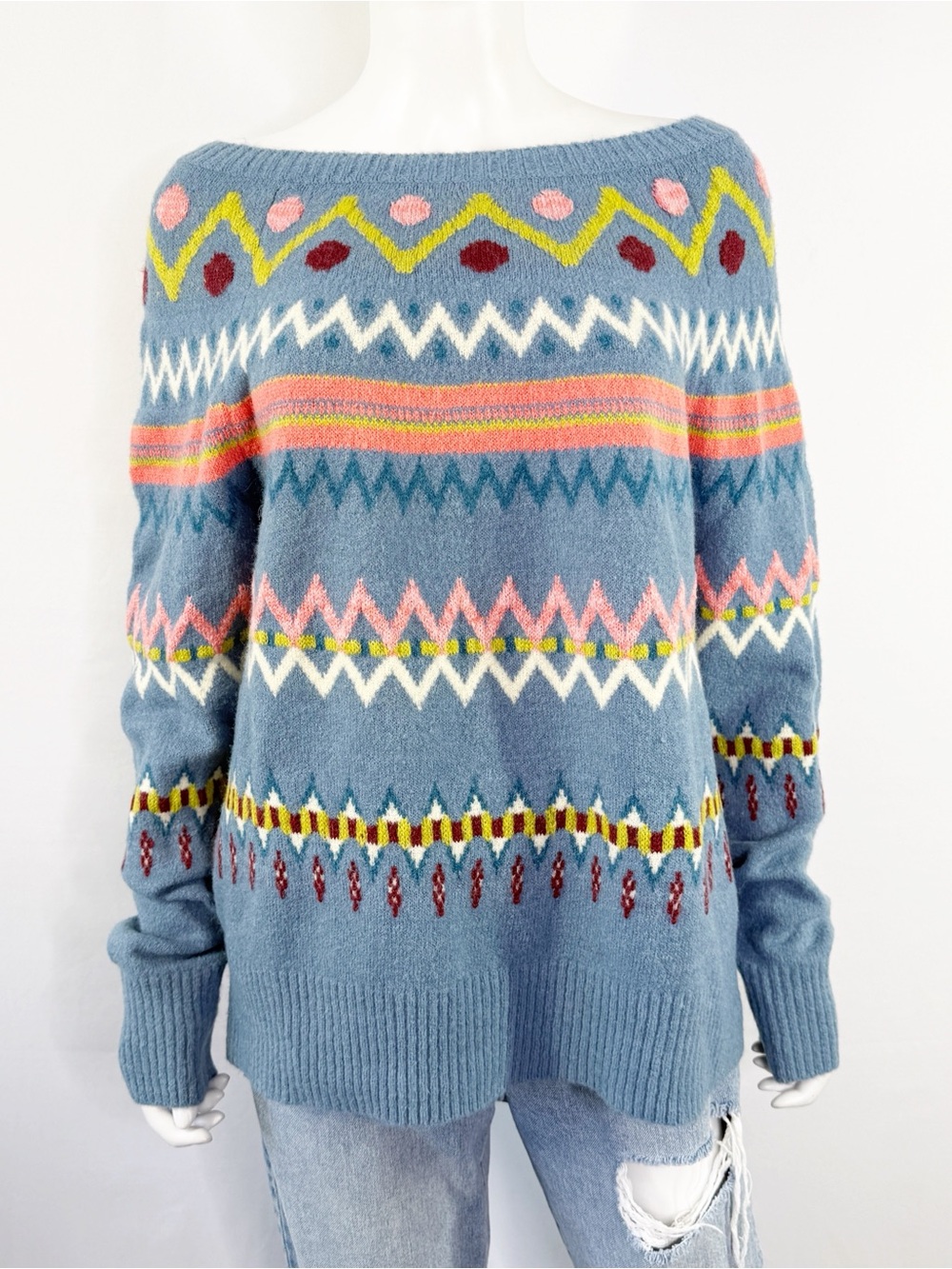 Sundance Blue Fair Isle Wool Alpaca Sweater Size L Casual Comfortable Winter NEW